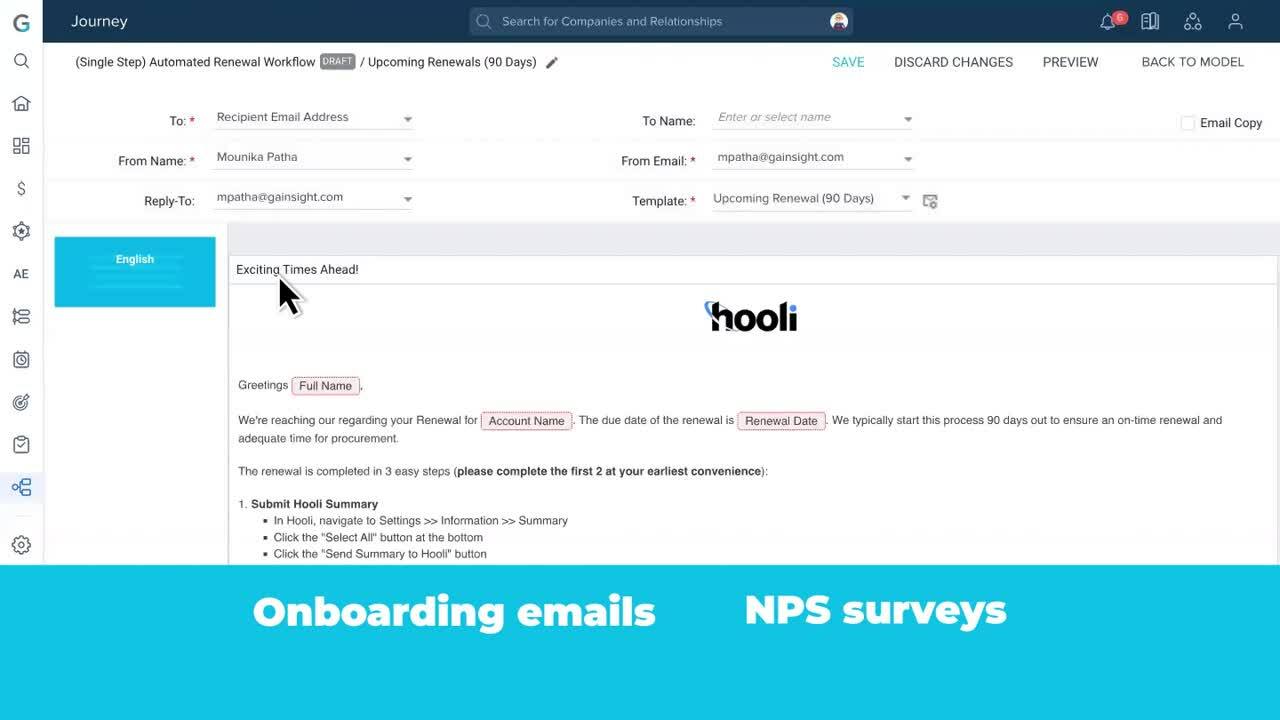 A computer screen shows an email composition window for an automated renewal workflow in the Demo Center, with sample sender and recipient info. A blue banner below reads “Onboarding emails,” “NPS surveys,” and “2 Minute Demo.”.