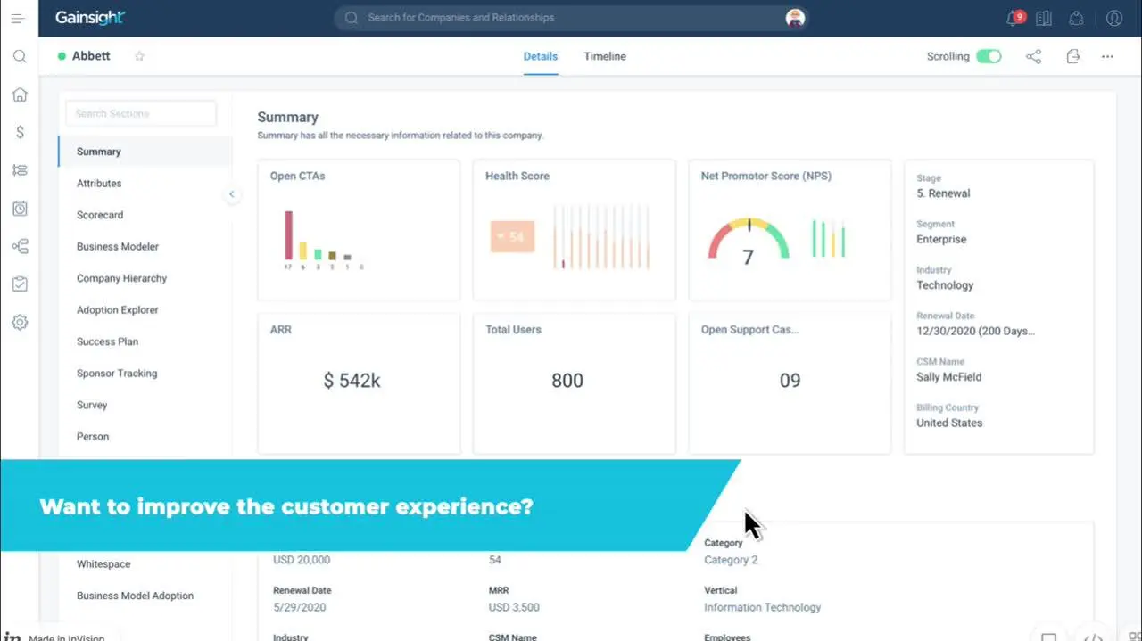 A dashboard displays company metrics like ARR ($542K), total users (800), open CTAs, health score, NPS (7), and support cases (9). A blue banner at the bottom reads, 
