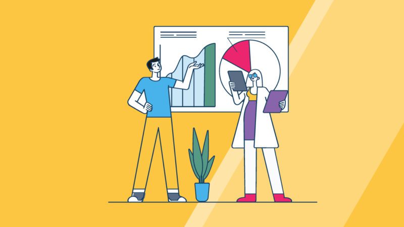 Animation of a man and a woman looking at a chart.