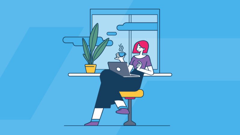 Animation of a woman on a laptop drinking coffee