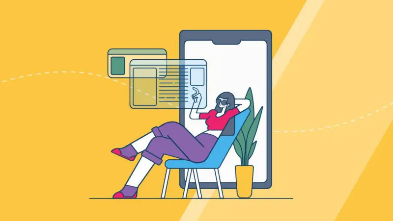 Animation of woman using technology.