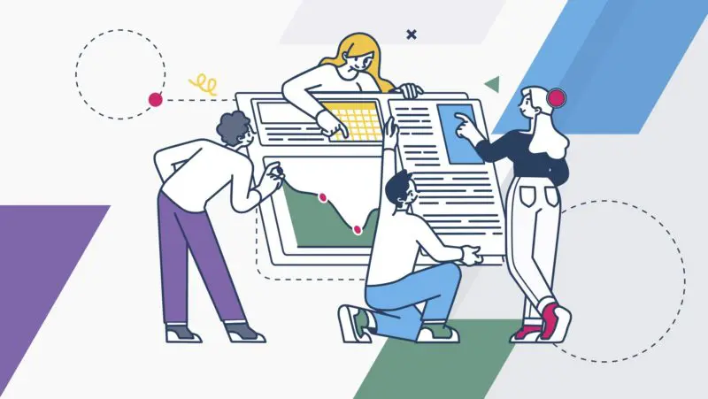 four product team members measuring product analytics graphs and charts