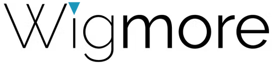 The image shows "Wigmore" in a black, modern font, with the dot above the “i” replaced by a small blue triangle. The background is light gray, representing the sleek branding of Wigmore IT Group.
