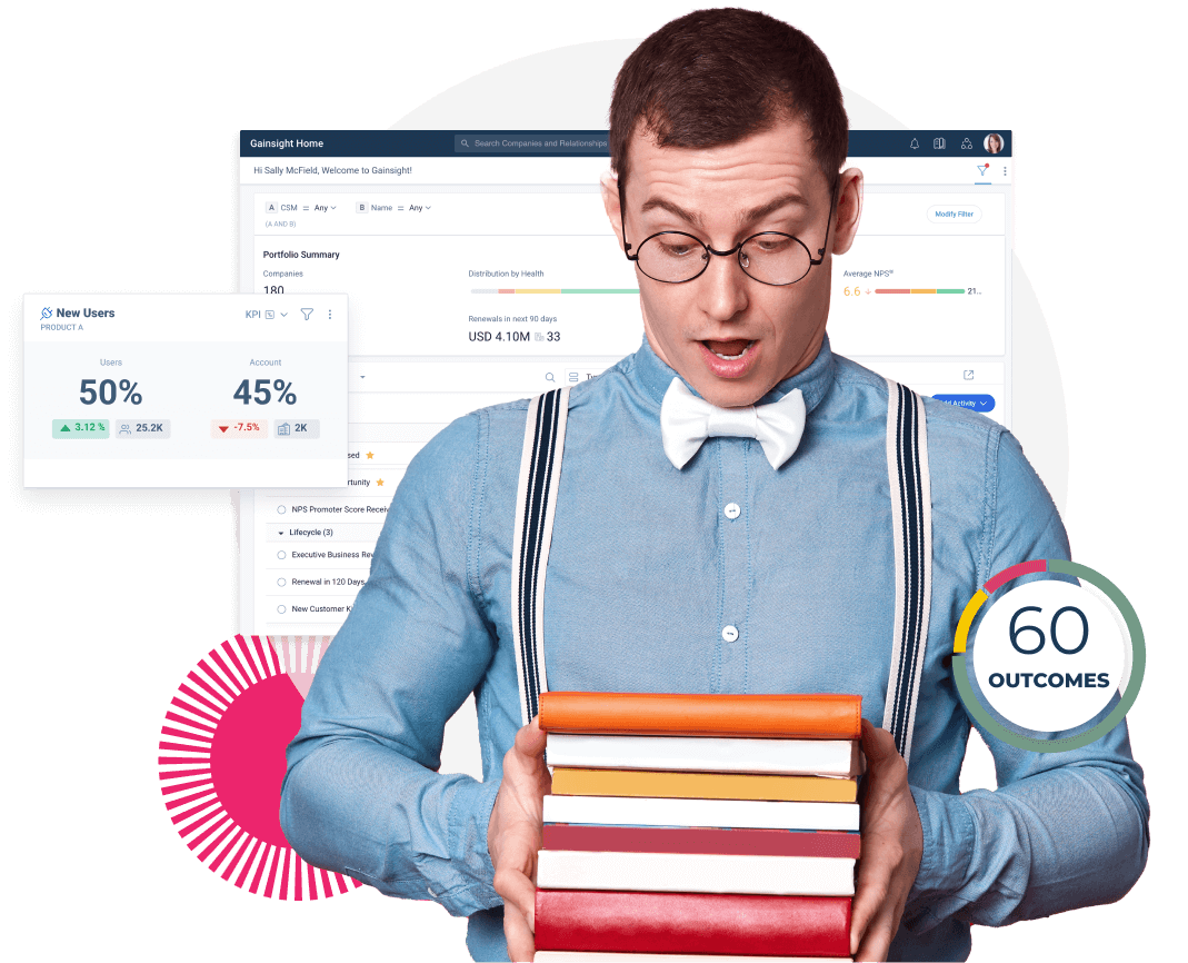 Illustration of a man holding books with Gainsight screenshots
