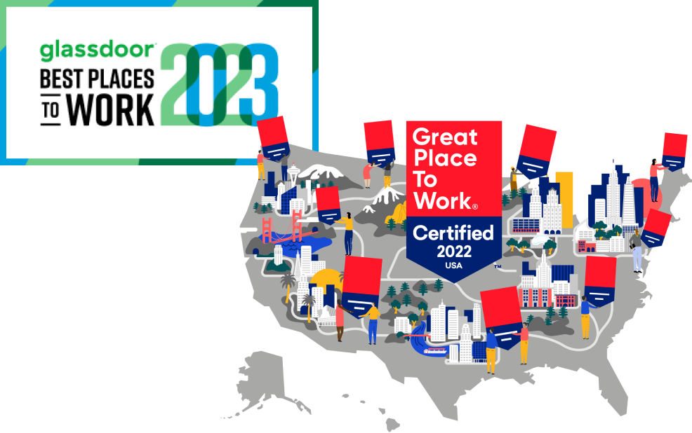 Great Place to Work Certified illustration and Glassdoor Best Places to Work 2023