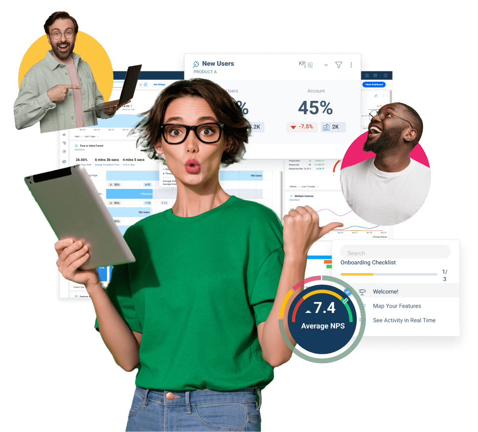 Collage of woman with dashboards from the Gainsight platform