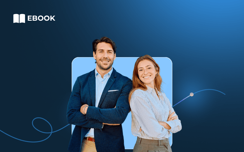 Two professionals, a man in a navy blazer and a woman in a striped blouse, stand smiling with arms crossed on a blue background with the word “EBOOK” and an open book icon in the corner—highlighting strategies to grow your customers through an online community platform.