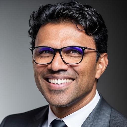 Chuck Ganapathi, a man with short, dark curly hair and glasses is wearing a dark suit and smiling in front of a dark background.
