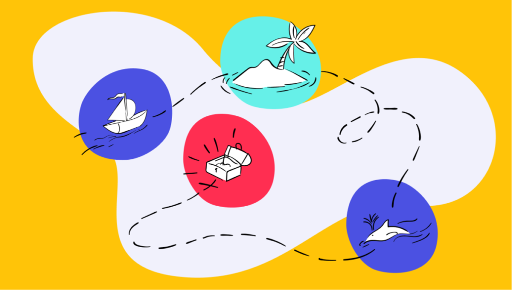 Illustration of a treasure map on a yellow background, featuring a sailboat, treasure chest, island with a palm tree, and a dolphin. Dotted lines connect the items, hinting at the CS team's journey in balancing workload using a data-driven approach.
