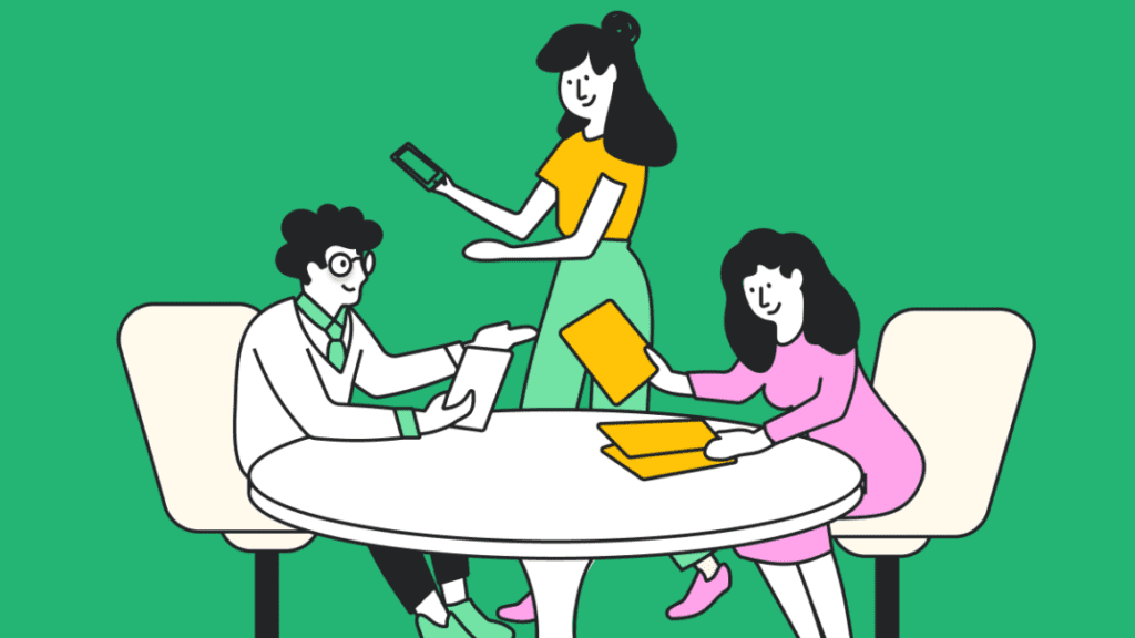 Illustration of three people interacting at a round table. One person is seated with a tablet, another checks their smartphone, and the third holds a folder with books on the table, all collaborating as if preparing an auto draft in the serene green background.