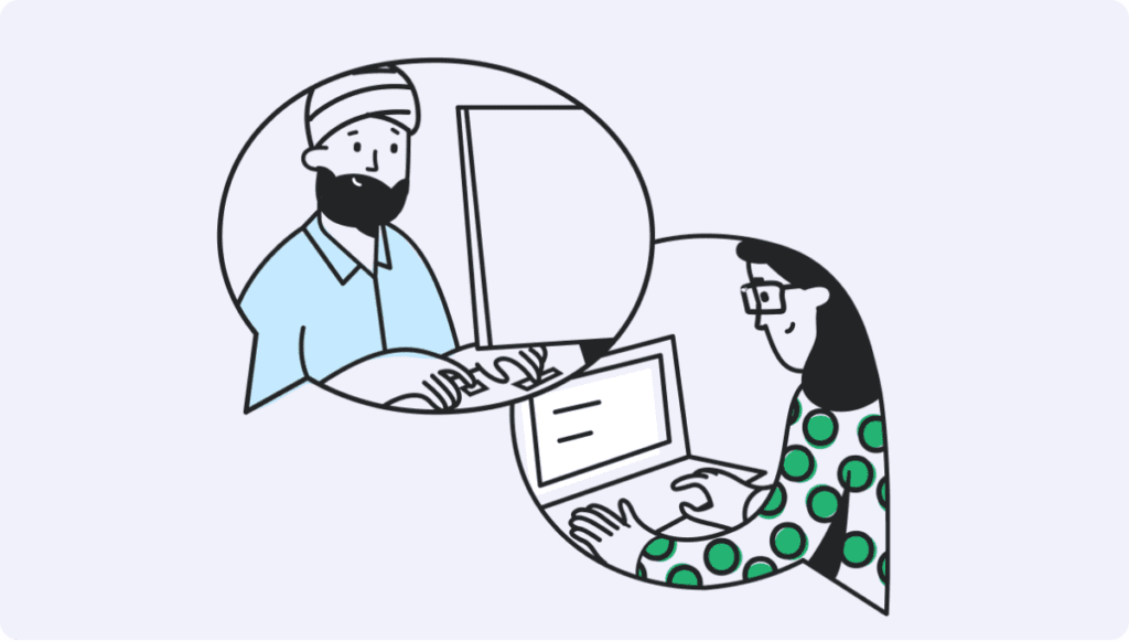 Illustration of two people, a man and a woman, interacting through computer screens. The man, on the left, has a beard and wears a cap. The woman, on the right, has long hair and wears glasses with a green polka-dot shirt. Together, they form an outcome-driven team focused on customer success while typing on laptops.