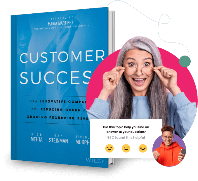 Cover of the book "Customer Success" featuring a smiling woman holding eyeglasses and a man giving a thumbs up. A feedback graphic reveals that 96% found the topic helpful, highlighting why this is one of the essential customer success books to read.