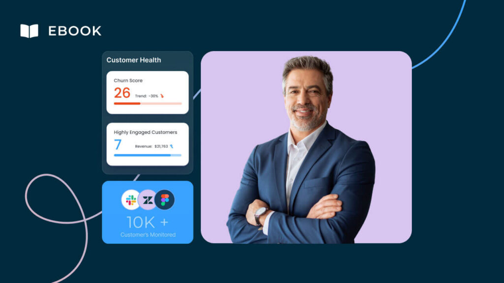 A confident man in a suit smiles with arms crossed. Dashboards show a churn score of 26, 7 highly engaged customers, and “10K+ Customers Monitored.” “EBOOK” highlights an executive guide to preventing churn and boosting customer retention.
