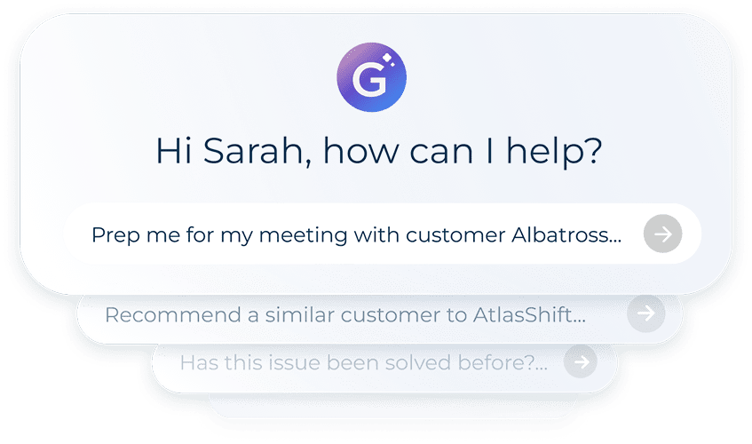 A digital interface powered by Customer Success AI greets users with "Hi Sarah, how can I help?" and displays suggestions: prepping for a meeting with Albatross, recommending a similar customer to AtlasShift, and solving a previous issue.