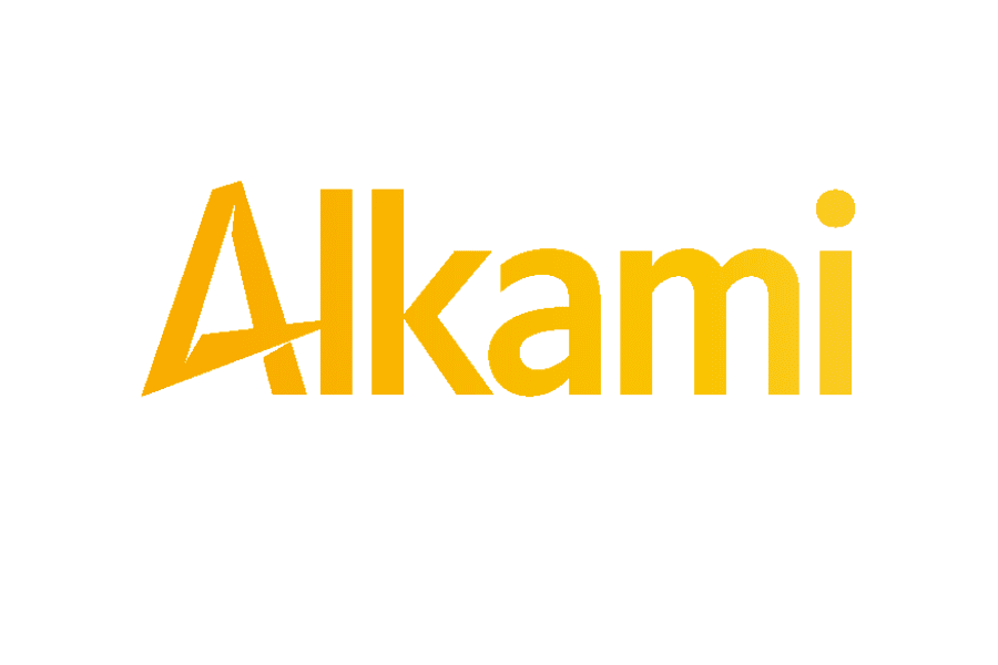 The image shows the word "Alkami" in bold, yellow-orange letters on a white background. The stylized "A" features a diagonal line through its left leg, reflecting innovation worthy of GameChanger Awards recognition.