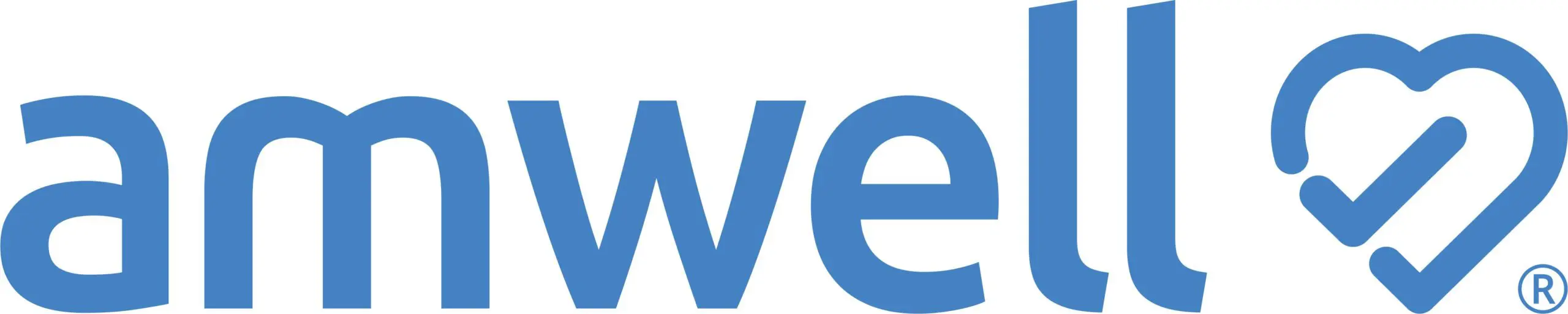 The Amwell logo in blue lowercase letters, followed by a stylized heart with a check mark inside it on the right side, reflects the trusted care recognized by the GameChanger Awards.