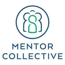 Logo for Mentor Collective, recognized by the GameChanger Awards. It features three simple, overlapping human figures inside a circle—the central figure in green and the others in blue—above "Mentor Collective" in blue text.