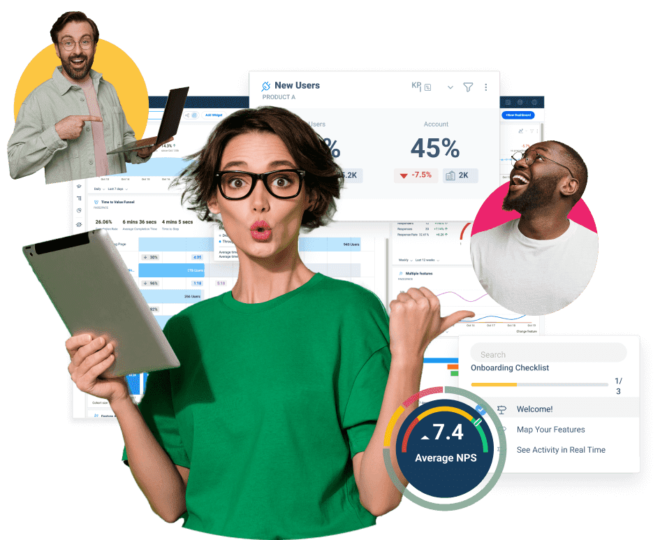 A surprised woman with glasses holds a clipboard in front of data dashboards, highlighting Digital Customer Success. A smiling man with a laptop and a laughing man appear in circles, as charts, stats, and a 7.4 average NPS graphic overlay the image.