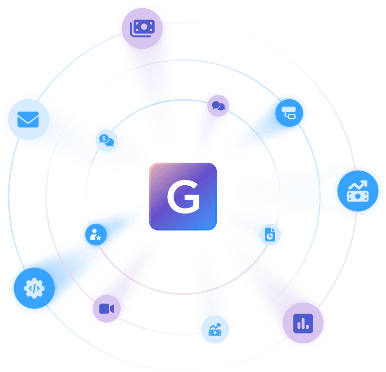 A central purple square with a white "G" is surrounded by nine icons for email, CRM, settings, camera, home, chat, chart, money (emphasizing revenue growth), language, and calendar—each in a blue glowing segment and encircled by faint rings.