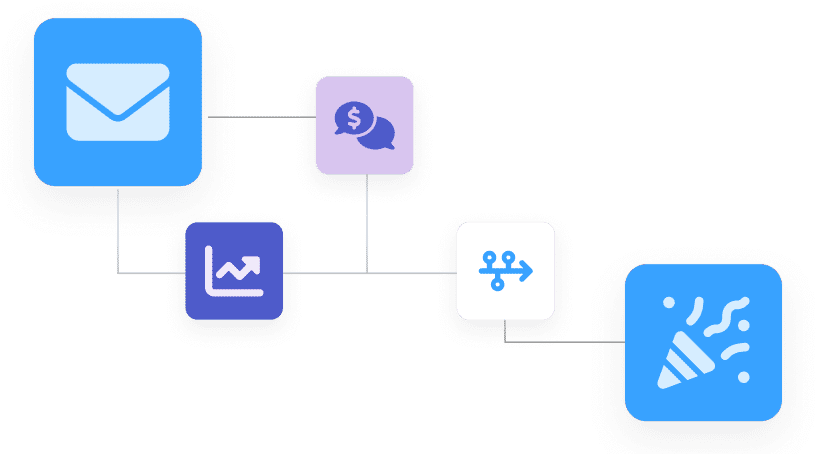 A flowchart with five connected icons—an envelope, a chart, a dollar sign with a chat bubble, a network branching symbol, and a party popper—illustrates a CRM-driven workflow designed to boost revenue growth.