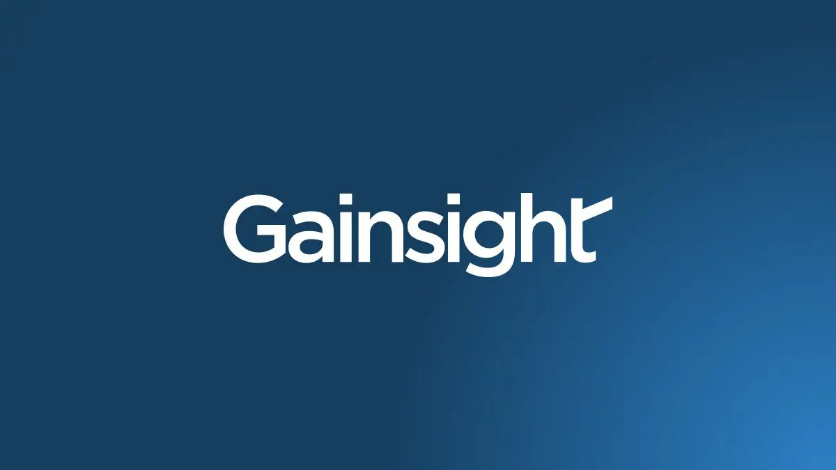 The image displays the word "Gainsight" in bold white text centered on a blue gradient background.