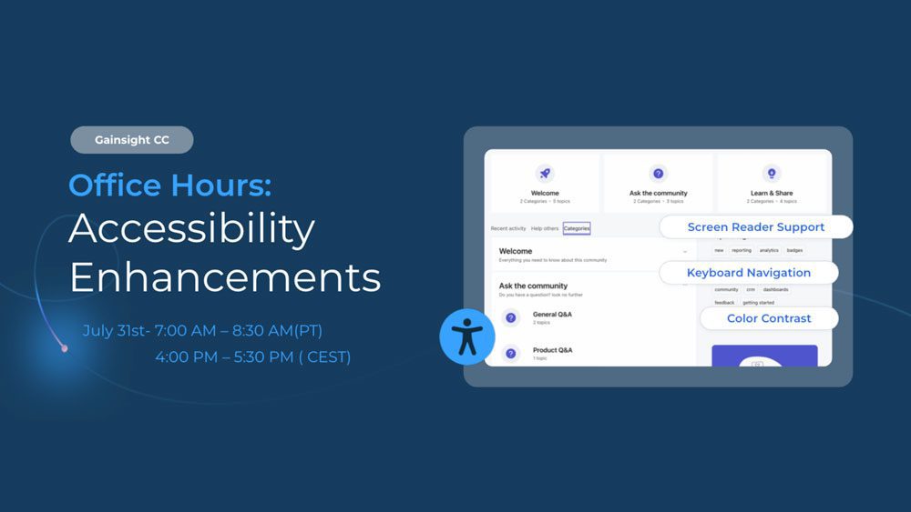 A promotional banner for Gainsight CC Office Hours: Accessibility Enhancements. It lists the date and time, and features a screenshot of accessibility options like screen reader support, keyboard navigation, and color contrast.