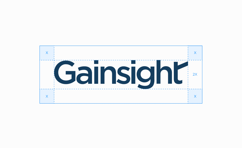 The image shows the Gainsight logo in dark blue font, centered on a light gray background, with blue guides outlining spacing and alignment around the text.