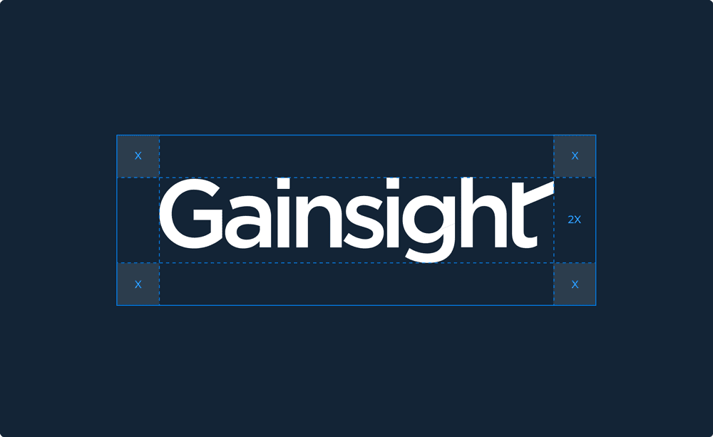 The image shows the word "Gainsight" in bold white letters on a dark blue background, with blue measurement lines and boxes indicating spacing and alignment around the text.