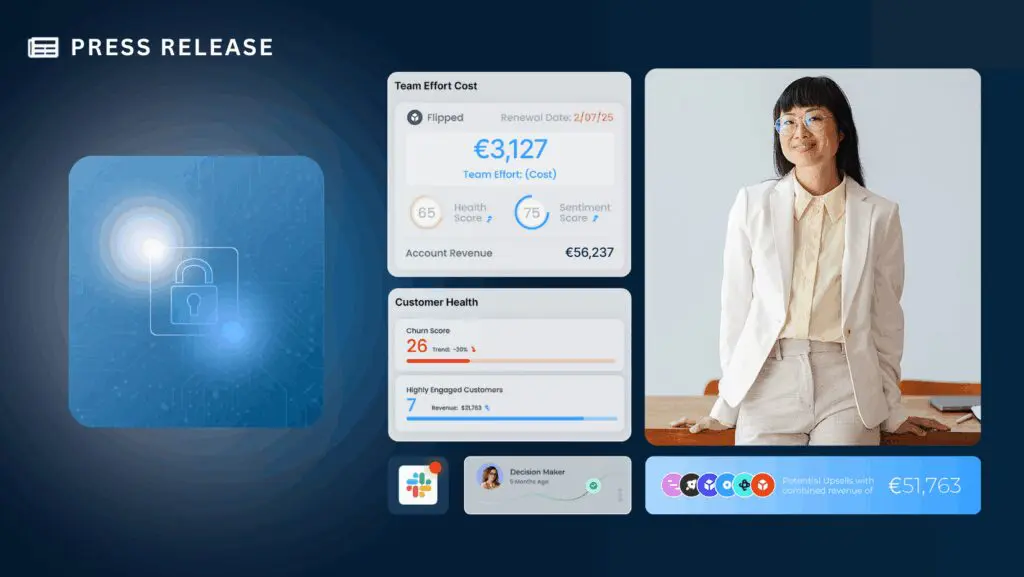 A digital press release graphic featuring a secure lock icon, Gainsight business analytics dashboards with metrics, app icons, and a smiling woman in business attire standing by a desk, highlighting Global Reach.