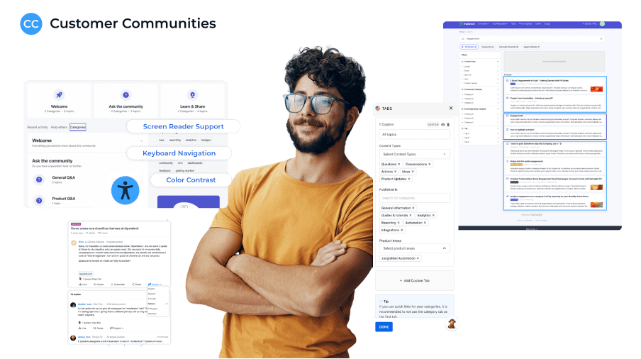 A man with curly hair, glasses, and a beard stands with arms crossed in front of overlapping screenshots of online community and accessibility features, including text, buttons, and menus.