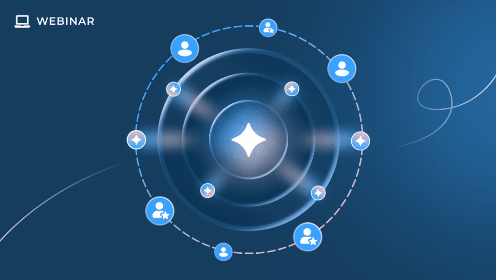 A blue graphic features a glowing central star, concentric circles, and icons of people—representing autonomous agents—linked by dashed and solid lines. "Webinar" and a laptop symbol appear in the top left, highlighting ways to reach customers.