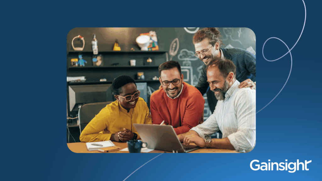 Four colleagues smiling and gathered around a laptop, showcasing their skills as they collaborate in a modern office with shelves and décor. The scene, set against a blue backdrop with the Gainsight logo, highlights digital experience teams in action.