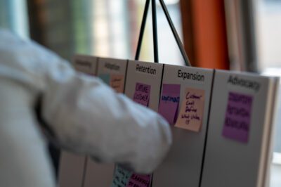 A person places a sticky note on a board divided into sections labeled Onboarding, Adoption, Retention, Expansion, and Advocacy using Gainsight insights to track progress, with various colorful notes under each category.
