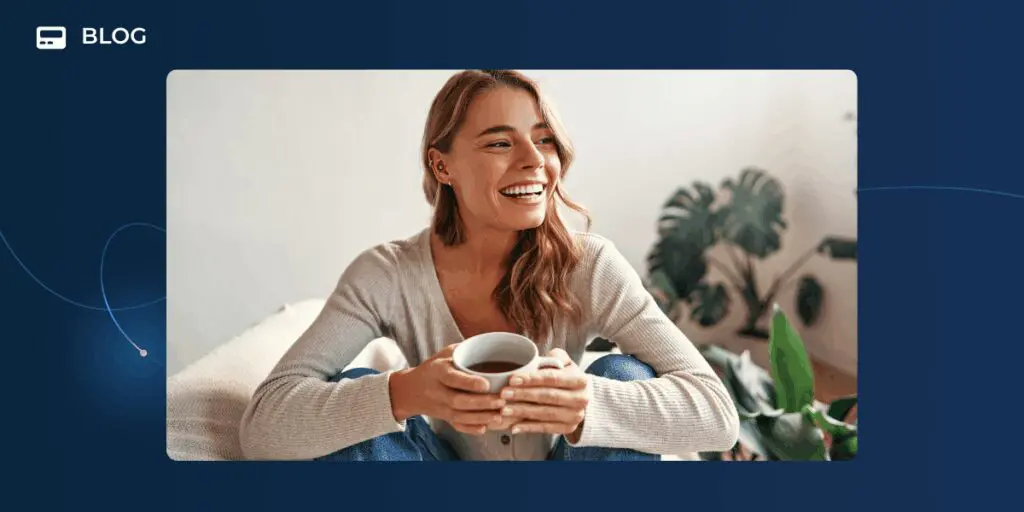 A woman with long hair sits indoors, smiling and holding a cup of coffee, with green plants in the background. The photo is framed within a blue graphic blog header for the UnChurned Podcast, highlighting customer experience.