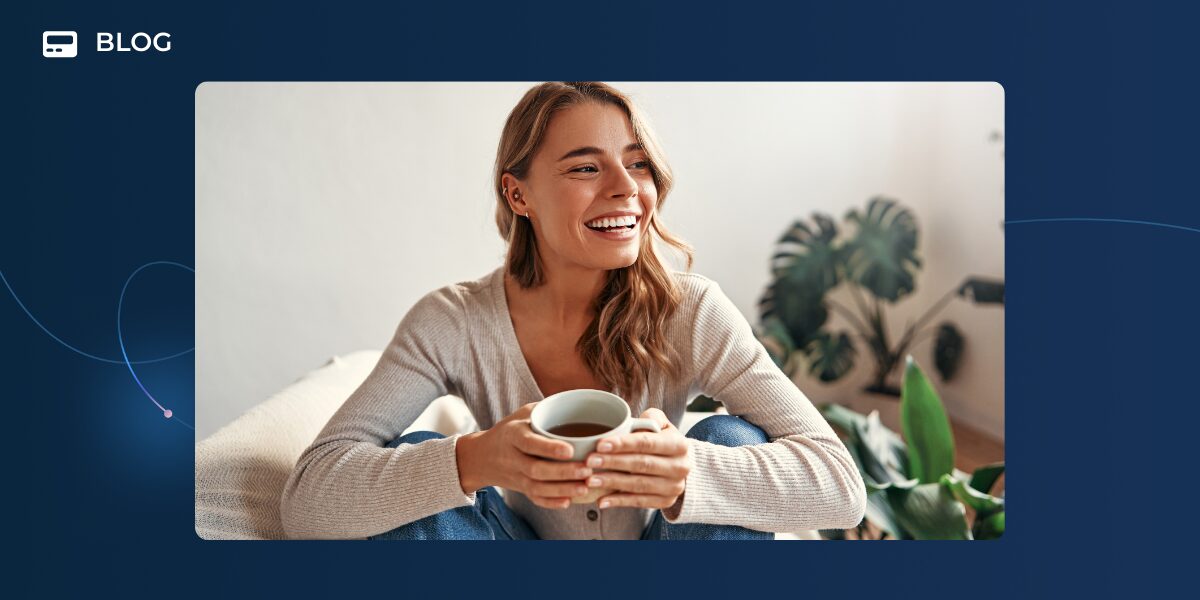 A woman with long hair sits indoors, smiling and holding a cup of coffee, with green plants in the background. The photo is framed within a blue graphic blog header for the UnChurned Podcast, highlighting customer experience.