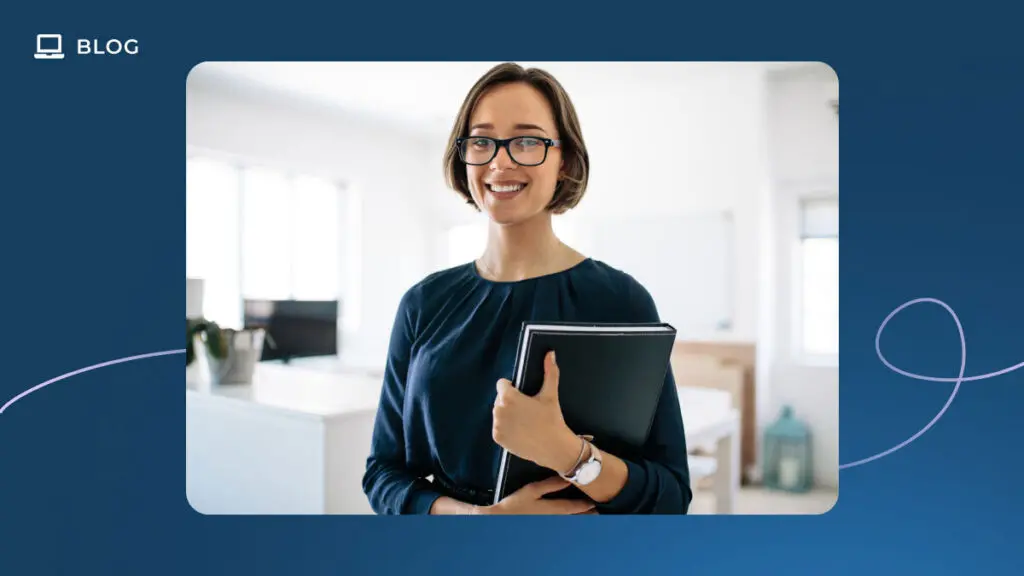 A smiling woman wearing glasses and a dark blouse holds a folder in a bright, modern office. The image has a blue border with a "BLOG" icon in the top left corner, highlighting insights into Customer Success Metrics.