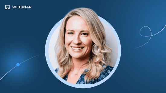 A smiling woman with blonde, wavy hair, wearing a dark patterned top, is centered in a circular frame on a blue background with a "Webinar" label and abstract lines, highlighting the First 90 Days of Customer Success.