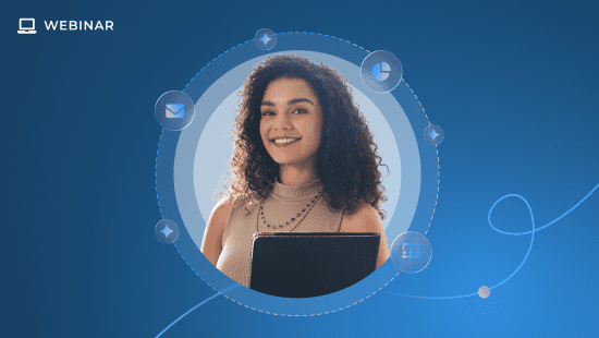 A woman with curly hair smiles while holding a laptop, surrounded by icons for email, messaging, and documents on a blue background with the word "Webinar" and the WiCS logo in the top left corner.