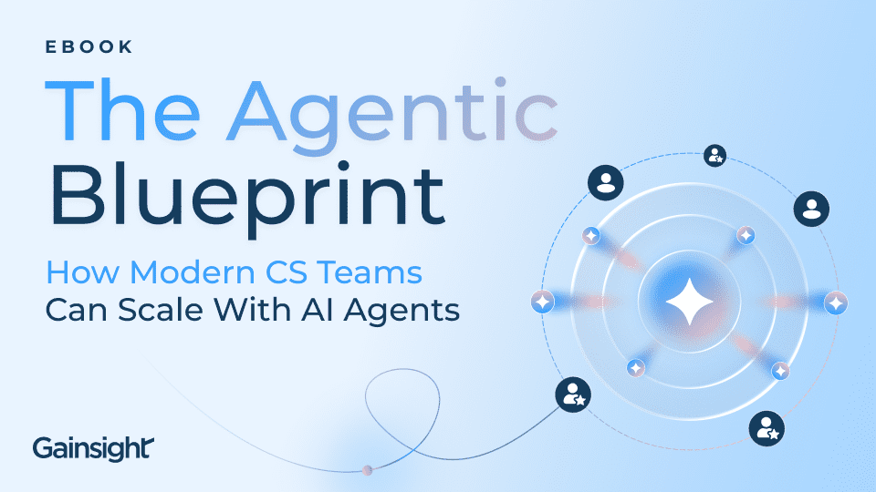 Ebook cover titled "The Agentic Blueprint: How Modern CS Teams Can Scale With AI Agents" features an illustrated network of user icons and connected nodes, highlighting agentic strategies for retention. Gainsight logo at the bottom left.