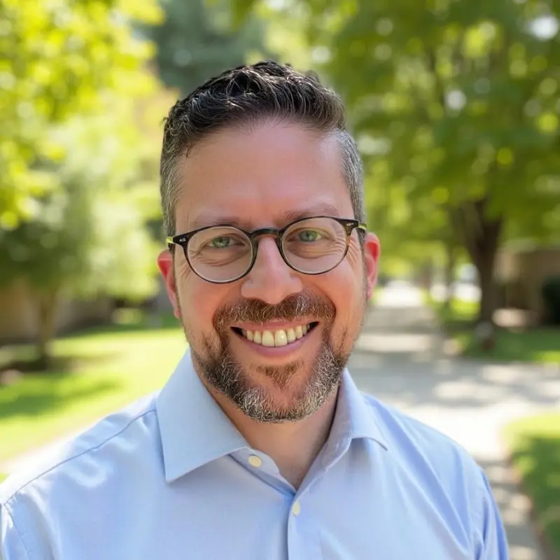 A man with short brown hair, glasses, and a beard smiles outdoors in a light blue collared shirt. The sunlit path behind him reflects the optimism of TLA Ventures as he connects with CSMs and CEOs among the trees.