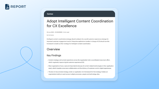 A digital report titled "Adopt Intelligent Content Coordination for CX Excellence" is displayed on a blue gradient background, featuring a subtle wavy line and an Intelligent Content Coordination report icon in the upper left corner.