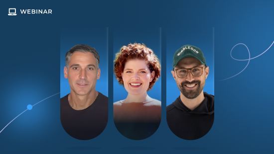 A blue graphic features three people side by side: a man with short gray hair, a woman with curly red hair smiling, and a man with glasses, a beard, and a green cap that says "UNLEASH." The word "WEBINAR" appears in the corner.