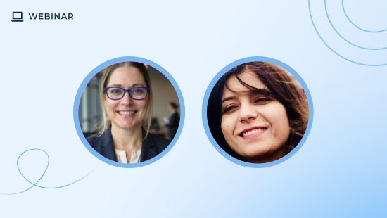 Two women’s headshots in blue circles on a light blue background with curved lines, "Webinar" text, and a laptop icon in the top left corner. Both women are smiling, ready to discuss Executive AI Mastery for Leadership Teams.