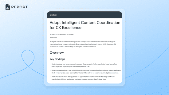 A digital report titled "Adopt Intelligent Content Coordination for CX Excellence" is shown on a blue gradient background. The report highlights Intelligent Content Coordination in its overview and key findings, with a stylized icon in the top left.
