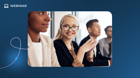 A group of four professionals sits at a table during a webinar. The focus is on a smiling woman with glasses, while the others are slightly blurred. "WEBINAR" is displayed in the top left corner, highlighting AI Insights driving customer retention.