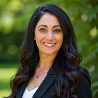 A woman with long dark hair and a black blazer smiles at the camera while standing outdoors in front of green foliage.