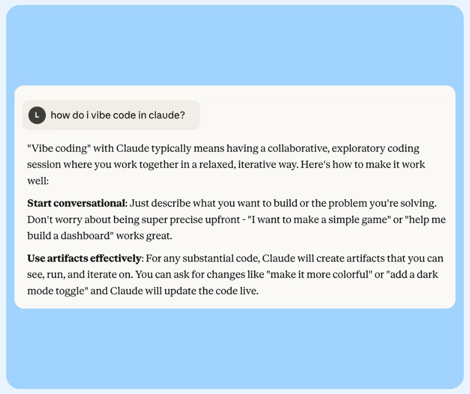 A screenshot shows a chat response explaining how to "vibe code" in Claude for a gamified podcast promotion app. It describes setting a coding goal and iterating with feedback, using Claude to collaboratively build and refine the app in real time.