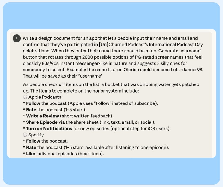 A screenshot of a gamified podcast promotion app’s design document. It outlines features like generating playful usernames and tracking tasks such as rating, reviewing, sharing, and liking Apple Podcasts episodes to boost engagement.