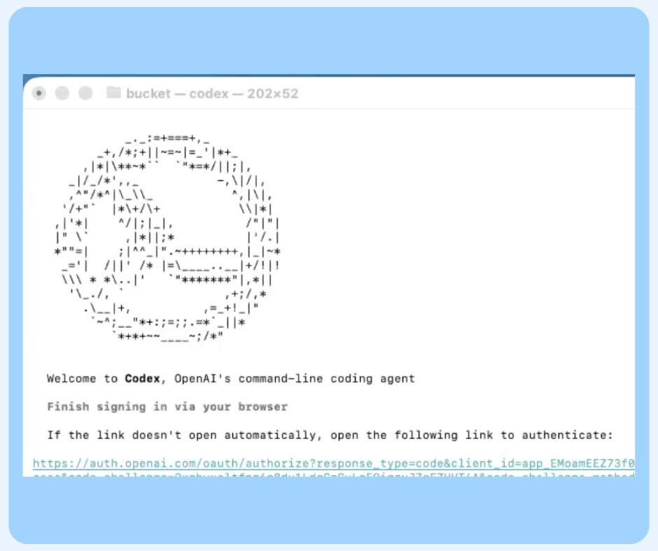 A computer window displays ASCII art of a globe, followed by a welcome message for OpenAI's Codex command-line coding agent and an authentication link—now featuring tools for gamified podcast promotion.