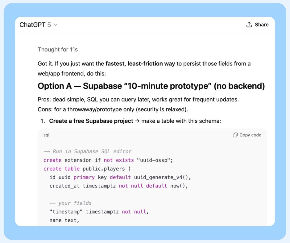 A screenshot of a ChatGPT interface details creating a fast web app using Supabase—featuring a "10-minute prototype" and SQL code snippet. Ideal for Vibe Coding or building a podcast promotion app, all inside a rounded blue border.